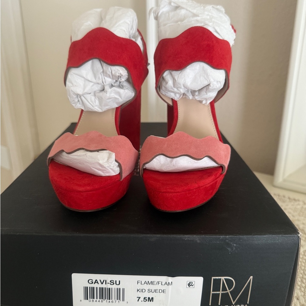 Frances Valentine Flame Red and Pink Suede Platform Heels